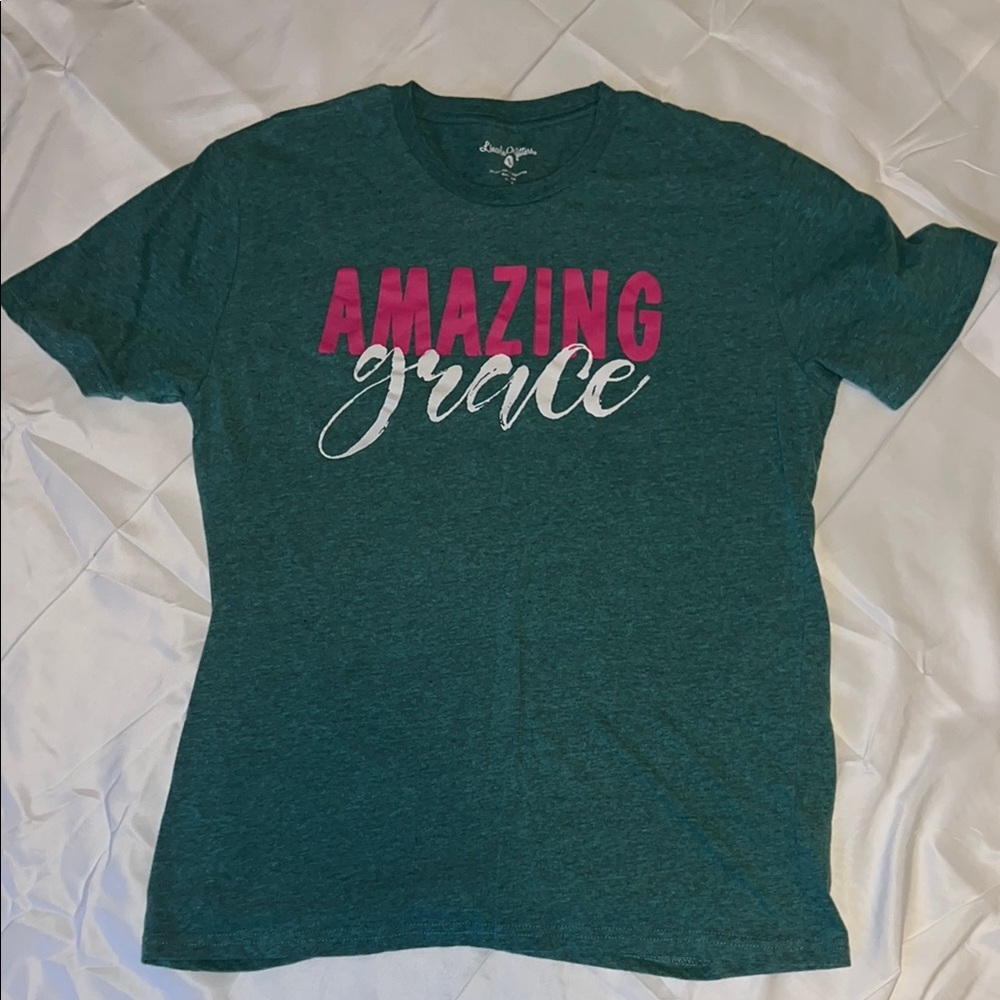 Lincoln outfitters Teal Graphic T-Shirt with Pink and White Print